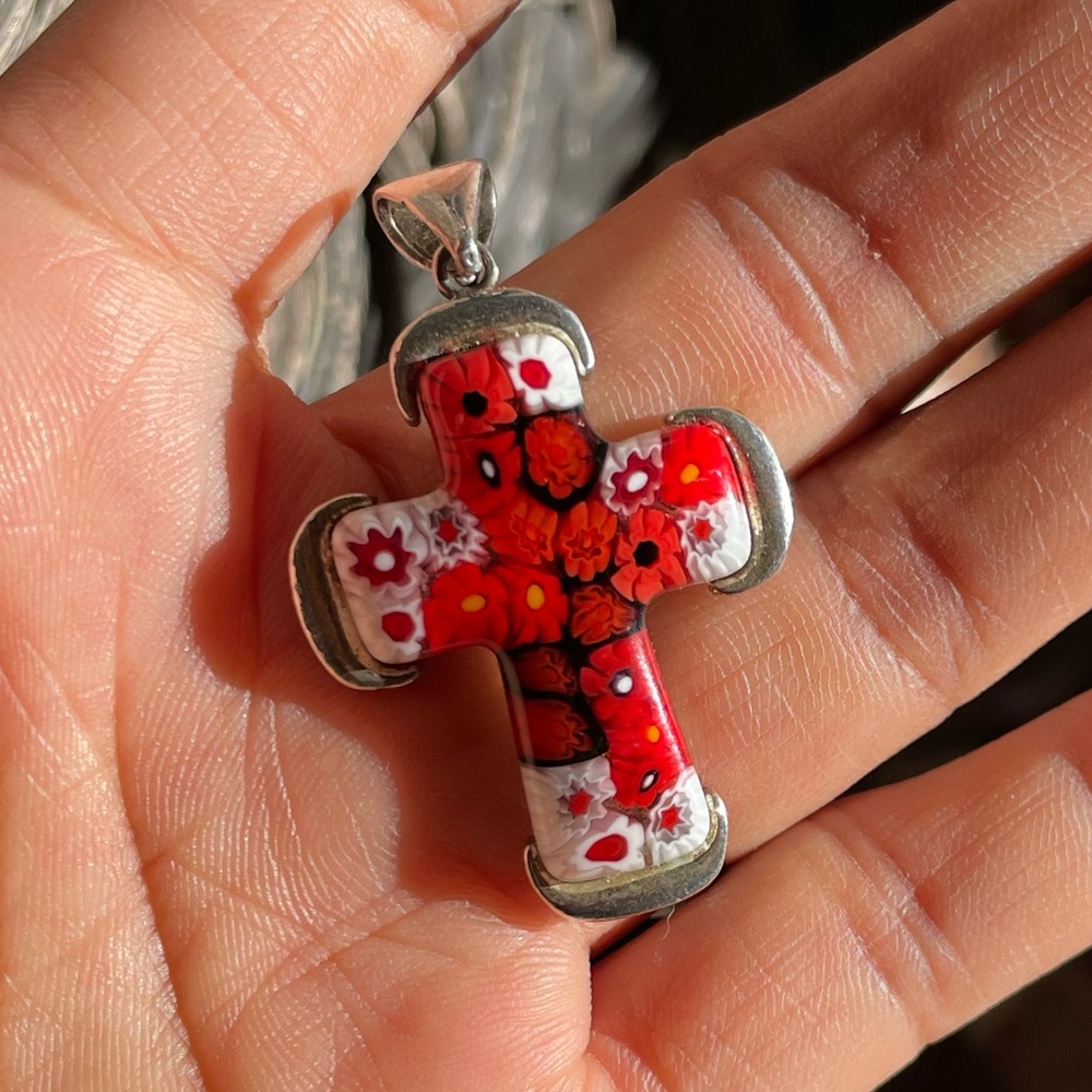 Handmade in Murano, Italy Millefiori glass cross 925 sterling silver pendant - Picture 9 of 16